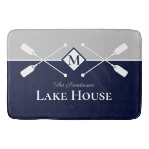 Navy Blue Gray Monogram Paddle Lake House Bath Mat