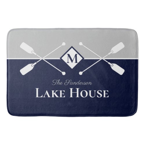 Navy Blue Gray Monogram Paddle Lake House  Bath Mat