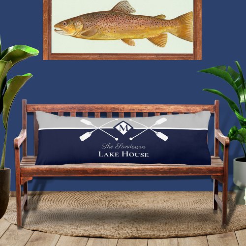Navy Blue Gray Monogram Paddle Lake House  Body Pillow