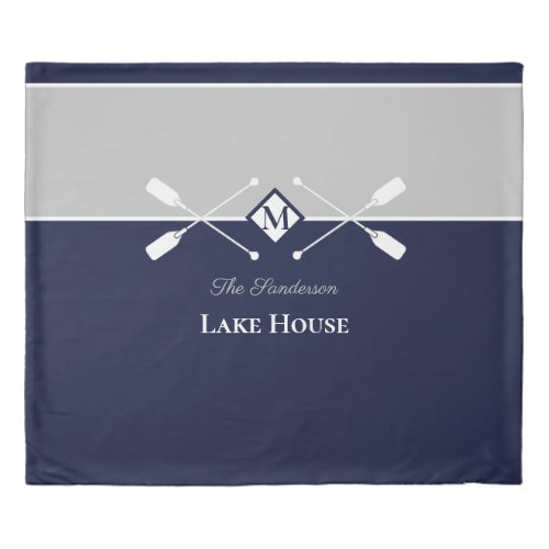 Navy Blue Gray Monogram Paddle Lake House   Duvet Cover