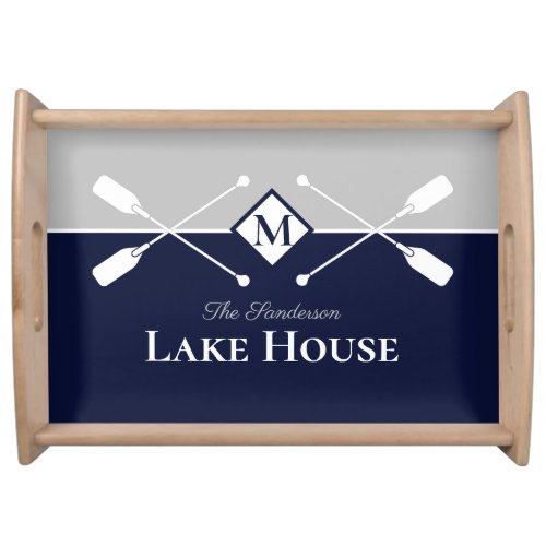 Navy Blue Gray Monogram Paddle Lake House  Serving Tray
