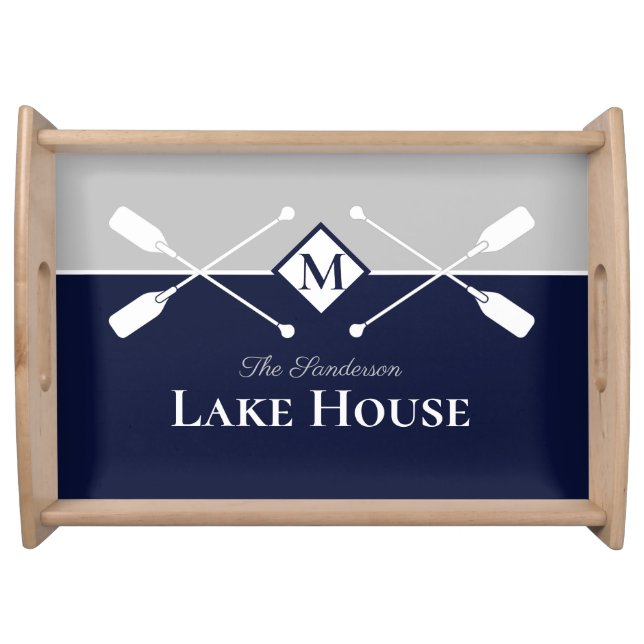Navy Blue Gray Monogram Paddle Lake House  Serving Tray (Front)