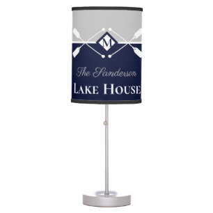 Navy Blue Gray Monogram Paddle Lake House Table Lamp