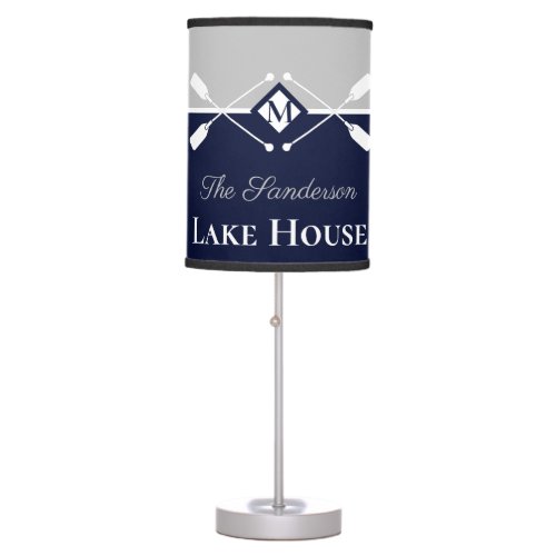 Navy Blue Gray Monogram Paddle Lake House   Table Lamp