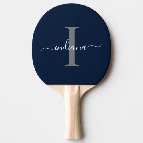 Navy Blue Gray Monogram Script Name Modern Ping Pong Paddle