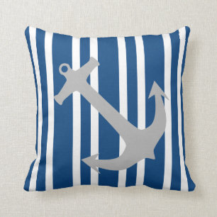 Navy Blue & Gray Nautical Anchor Striped Pillow