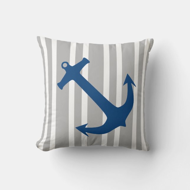 Navy Blue & Gray Nautical Anchor Striped Pillow (Front)
