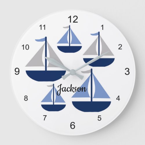 Navy blue gray nautical sailboat baby boy nursery large clock