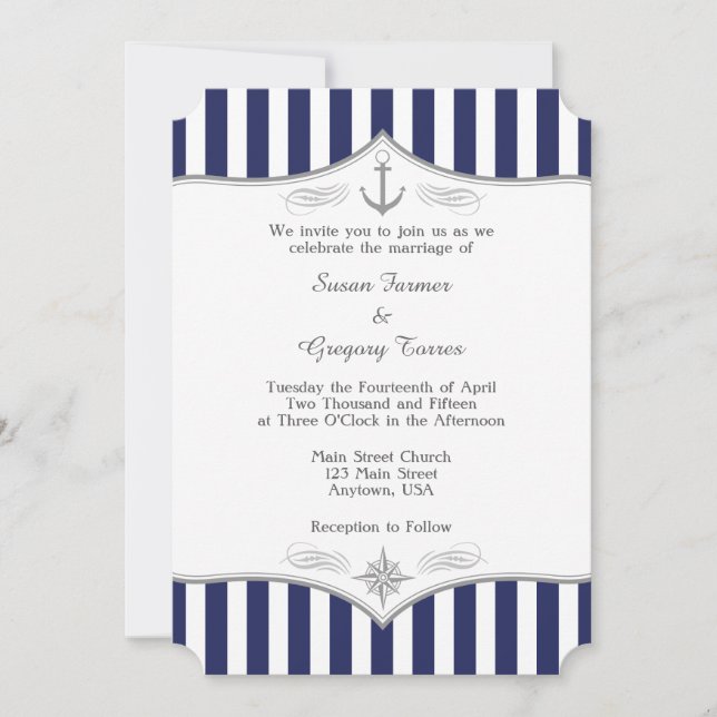 Navy Blue Gray Nautical Wedding Invitation (Front)