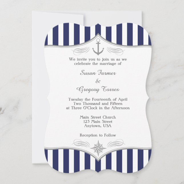 Navy Blue Gray Nautical Wedding Invitation (Front)