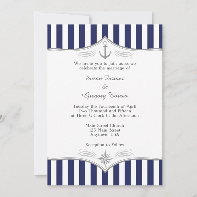 Navy Blue Gray Nautical Wedding Invitation (Front)