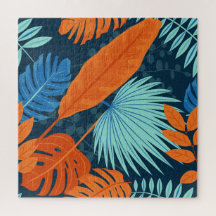 Navy Blue Gray Orange watercolor Flower Pattern