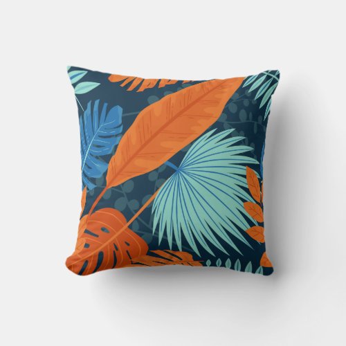 Navy Blue Gray Orange watercolor Flower Pattern Throw Pillow