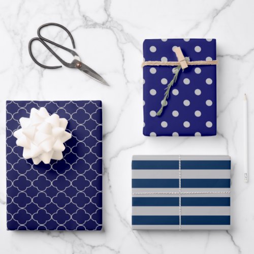 Navy Blue Gray Patterned Wrapping Paper Sheets