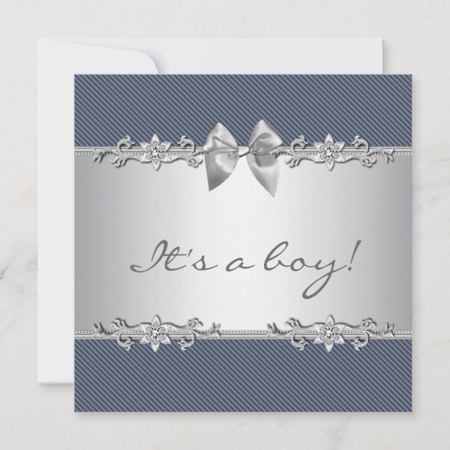 Navy Blue Gray Pinstripe Boy Shower Invitation (Front)