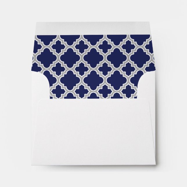 Navy Blue Gray Quatrefoil Pattern Lined Envelope (Back (Bottom))