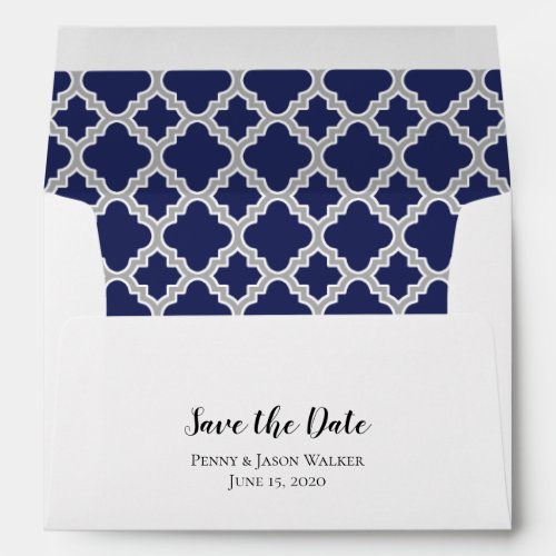 Navy Blue Gray Quatrefoil Save The Date Envelope