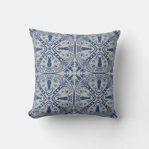 Navy Blue Gray Rabbit Medallion Unique Pattern Throw Pillow