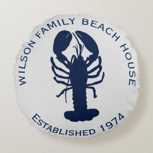 Navy Blue Gray Round Lobster Beach House Pillow