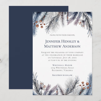 Navy, Blue Gray, Rusty Brown Winter Botanical Invitation