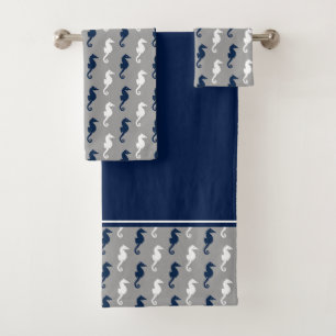 Navy Blue Gray Seahorse Pattern Bath Towel Set