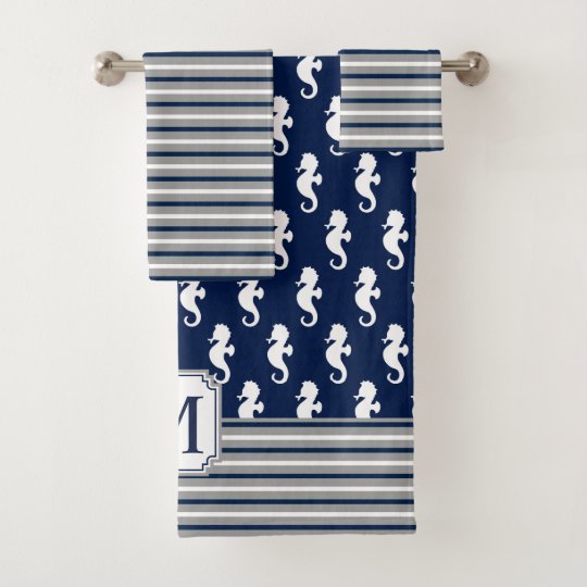 Navy Blue Gray Seahorse Pattern Monogram Bath Towel Set Zazzle Navy Blue Gray Seahorse Pattern Monogram Bath Towel Set