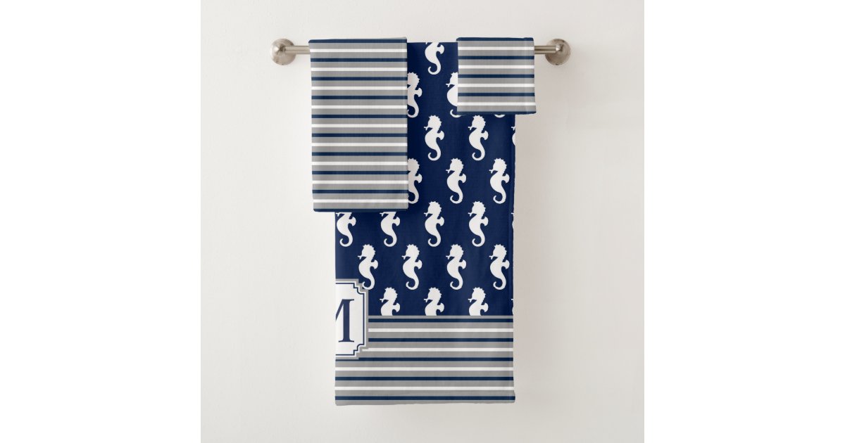 Navy Blue Gray Seahorse Pattern Monogram Bath Towel Set Zazzle Com