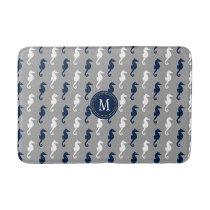 Navy Blue Gray Seahorse Pattern Monogram Bathroom Mat