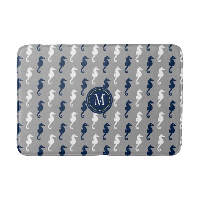 Navy Blue Gray Seahorse Pattern Monogram Bathroom Mat (Front)