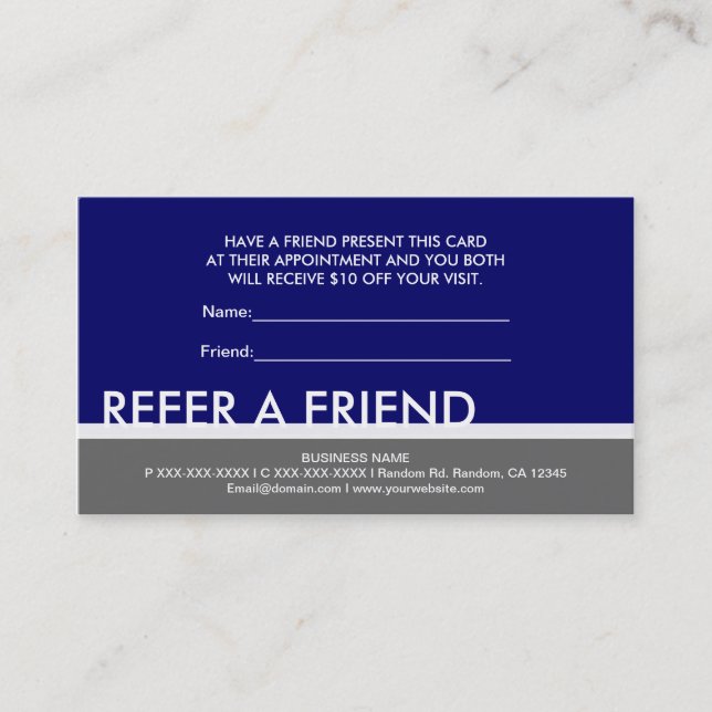 Navy blue gray simple refer a friend custom cards (Front)