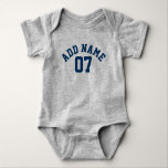 Navy Blue & Gray Sports Jersey Custom Name Number Baby Bodysuit<br><div class="desc">This sporty design is perfect for any future athlete playing lacrosse,  soccer or softball. You change the numbers to your lucky number or even a special age for a birthday celebration.</div>