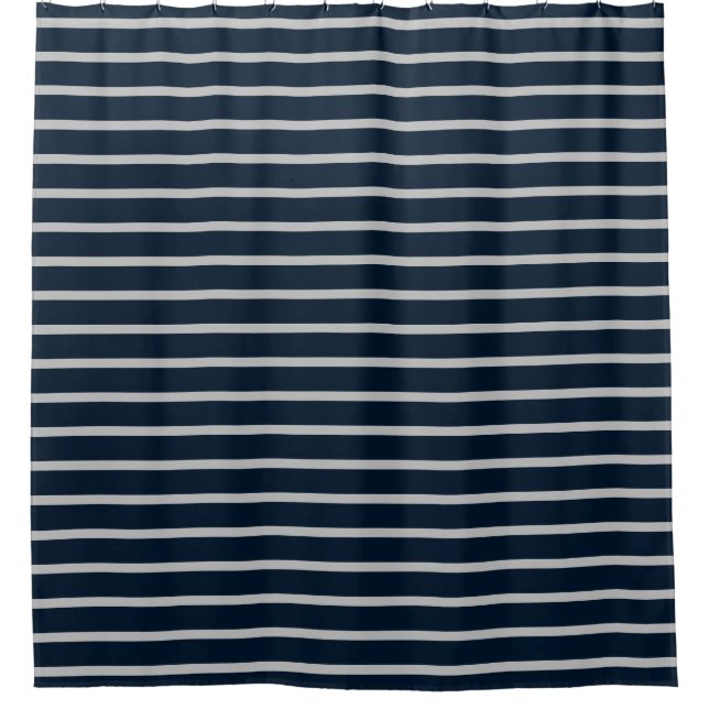 Navy Blue Gray Stripe Shower Curtain (Front)