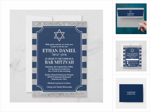 Navy Blue, Gray Striped Bar Mitzvah Invitation Set