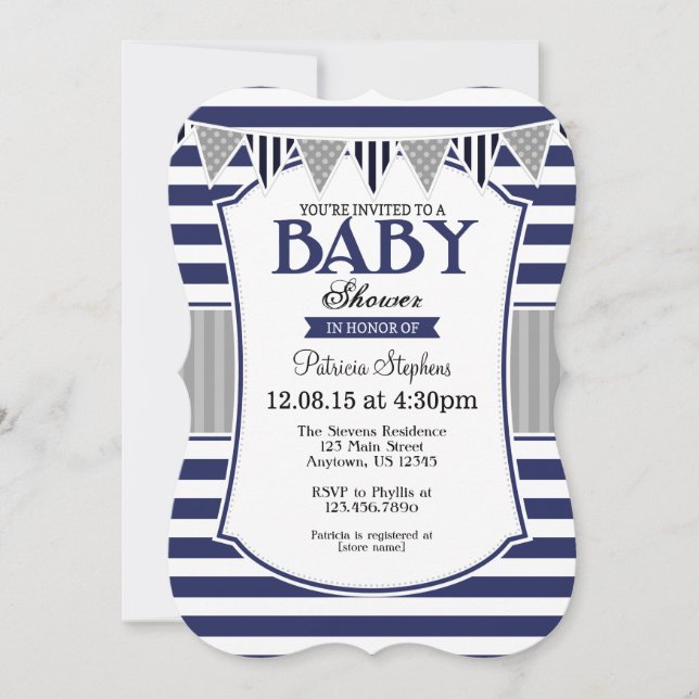 Navy Blue Gray Stripes Baby Shower Invitation (Front)