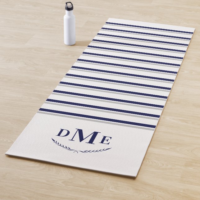 Navy Blue Gray Stripes Classic Monogram Exercise Yoga Mat (In Situ)