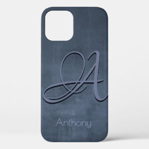 Navy Blue Gray stylish rustic Name Monogram iPhone 12 Case