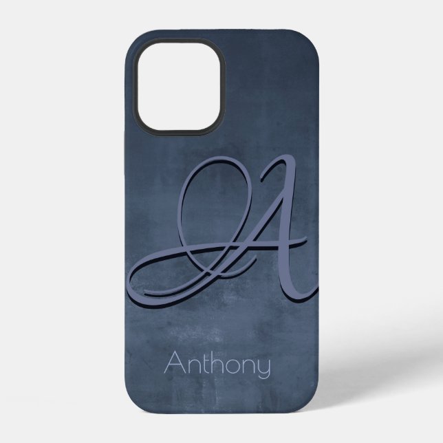 Navy Blue Gray stylish rustic Name Monogram Iphone Case (Back)