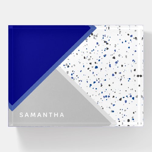 Navy Blue Gray Tiny Geometric Terrazzo with Name Paperweight