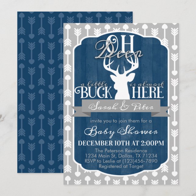 Navy Blue Gray Tribal Deer Baby Shower Invitation (Front/Back)