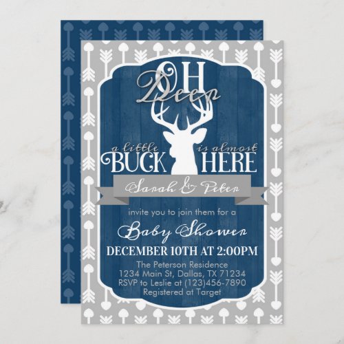 Navy Blue Gray Tribal Deer Baby Shower Invitation