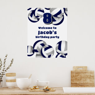 navy blue gray volleyballs birthday party welcome poster