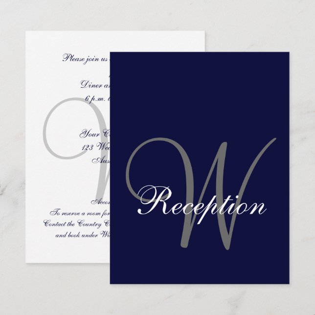 Navy Blue Gray Wedding Reception Card (Front/Back)