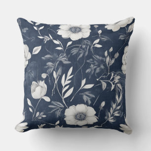 Navy Blue Gray White Farmhouse Floral Throw Pillow