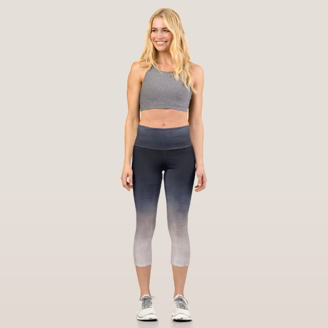 Navy Blue Gray White gradient rustic ombre Capri Leggings (Front)