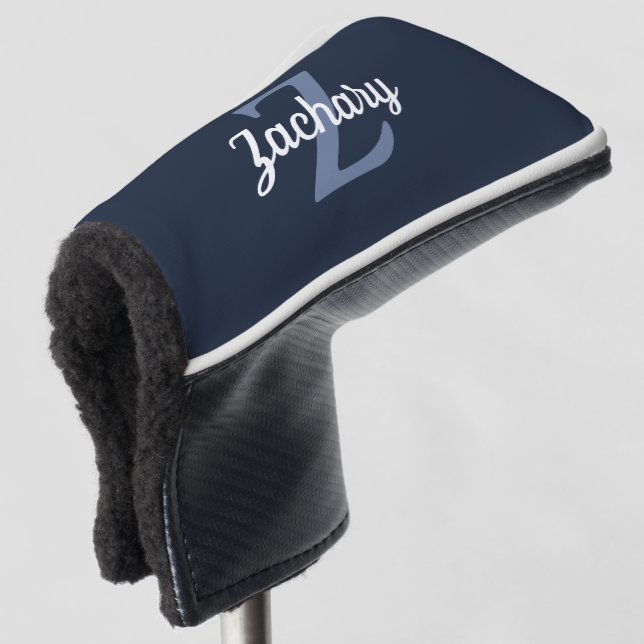Navy Blue Gray White Monogram Personalized Golf Head Cover (3/4 Front)