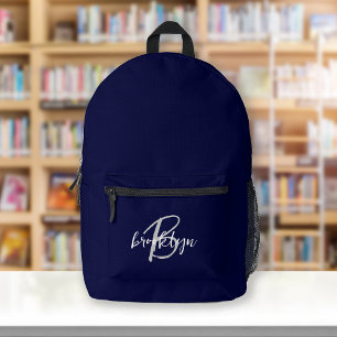 Navy Blue Gray White Script Monogram Printed Backpack