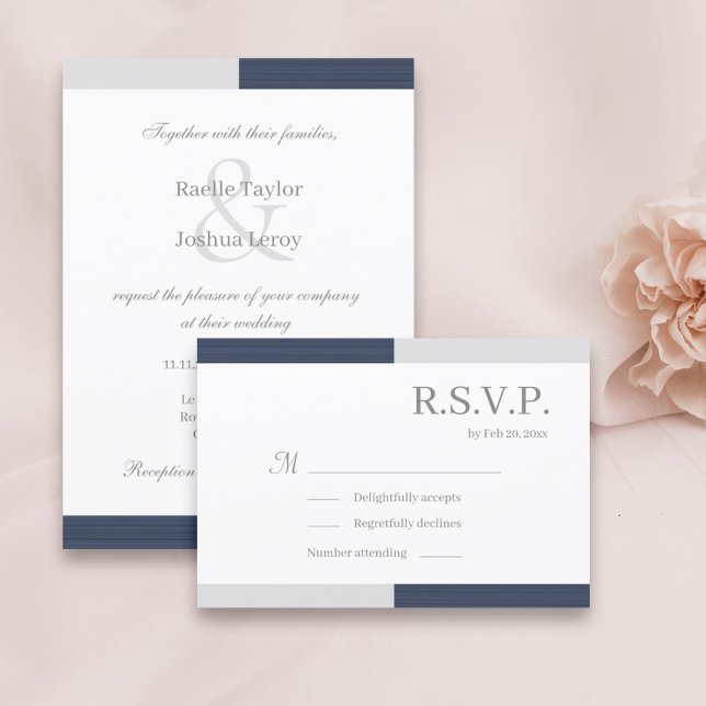 Navy Blue Gray White Stripes Elegant Wedding RSVP Invitation (Creator Uploaded)