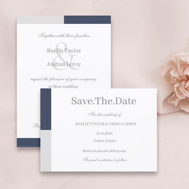 Navy Blue Gray White Stripes Save The Date Invitation (Creator Uploaded)