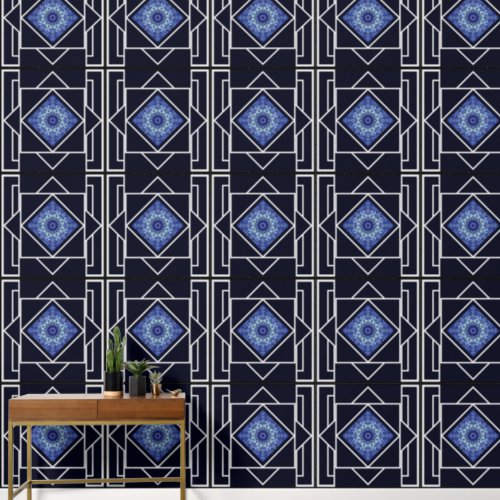 Navy Blue  Gray With Blue  White Inlaid Tile  Wallpaper
