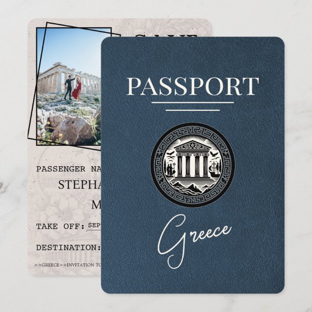 Navy Blue Greece Passport Save the Date Card (Front/Back)
